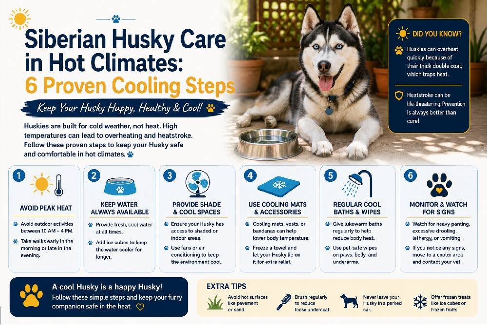 Husky care in India heat featuring a Siberian Husky beside a water bowl with six cooling steps to help keep Huskies safe, comfortable, and hydrated in hot weather.