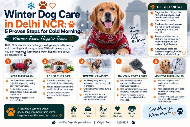 Winter dog care Delhi NCR featuring a dog in warm clothing and five proven steps for cold mornings, including keeping dogs warm, adjusting their diet, timing walks wisely, maintaining coat and skin health, and monitoring their health.