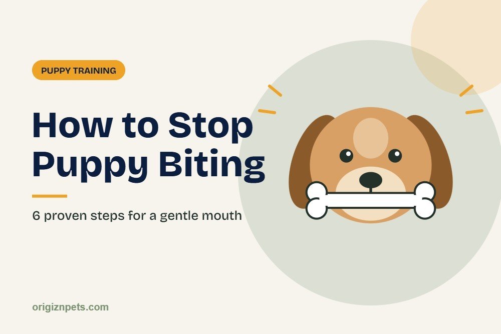 Illustration of a puppy chewing a bone instead of biting hands