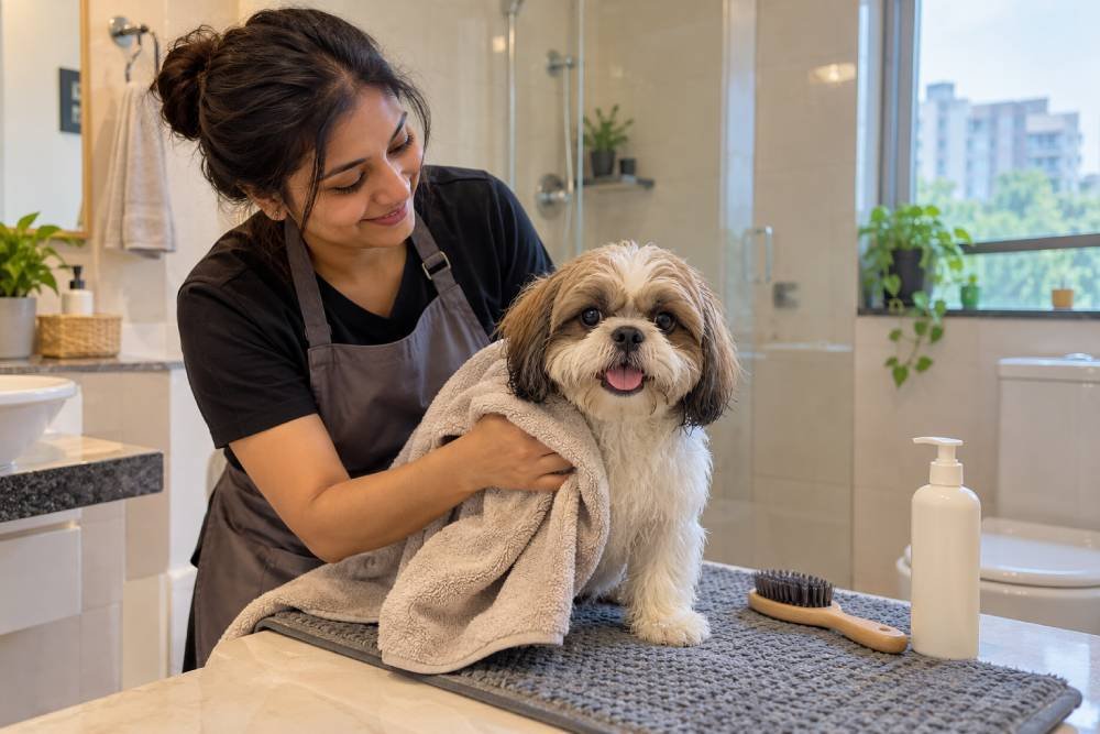 Dog grooming at home near you, groomer drying a Shih Tzu