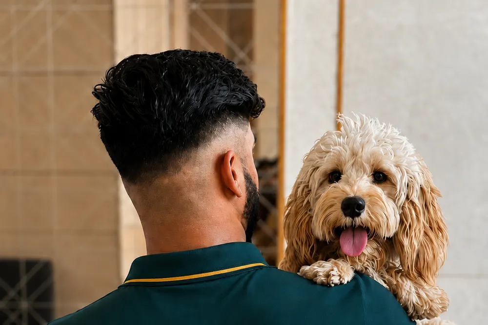 OrigiZnPets senior trainer holding a Cockapoo during socialisation training